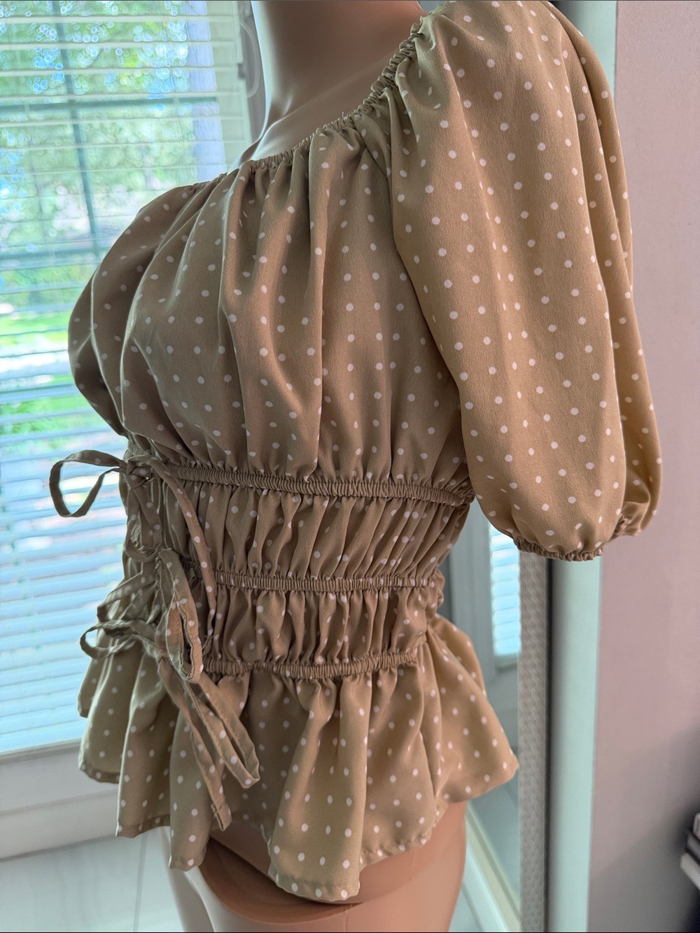 Beige Polka Dot Peasant Top with Elastic Waist - Picture 2 of 3